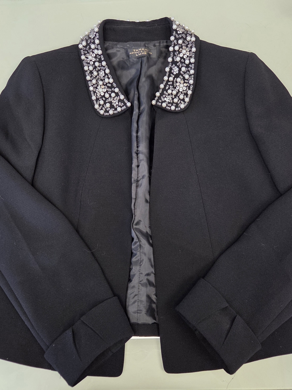 Tahari Black Cropped Jacket with Jeweled Collar